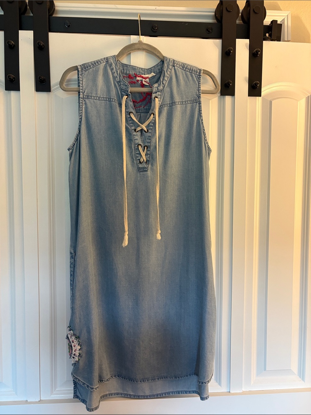 Sleeveless Light Wash Denim Lace-Up Shift Dress